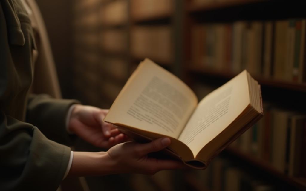 Close-up of hands holding a book next to a blurred bookshelf, suggesting a calm reading environment.
