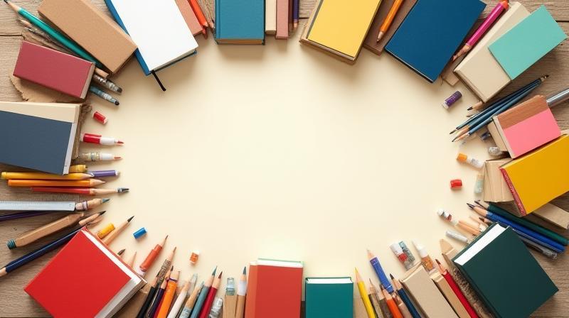Arrangement of diverse books, notebooks, pens, and art supplies on a table, symbolizing the range of products available.