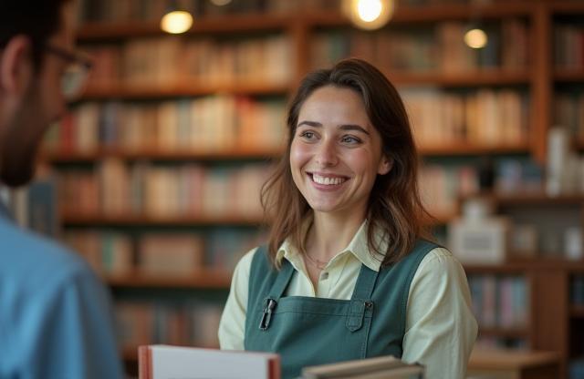 A friendly bookstore staff member smiling warmly while assisting a customer.